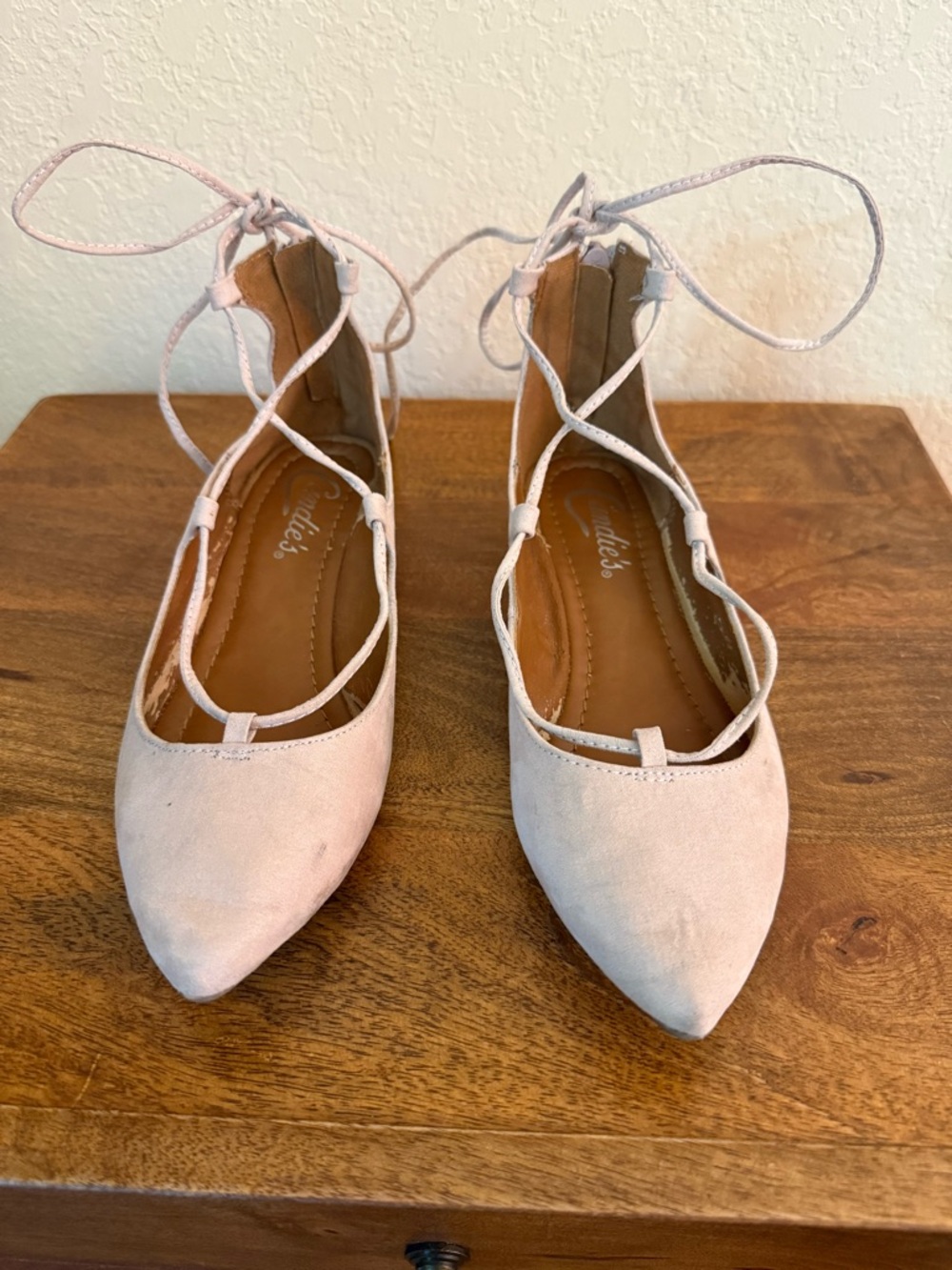 Candie's Blush Lace-Up Pointed Flats